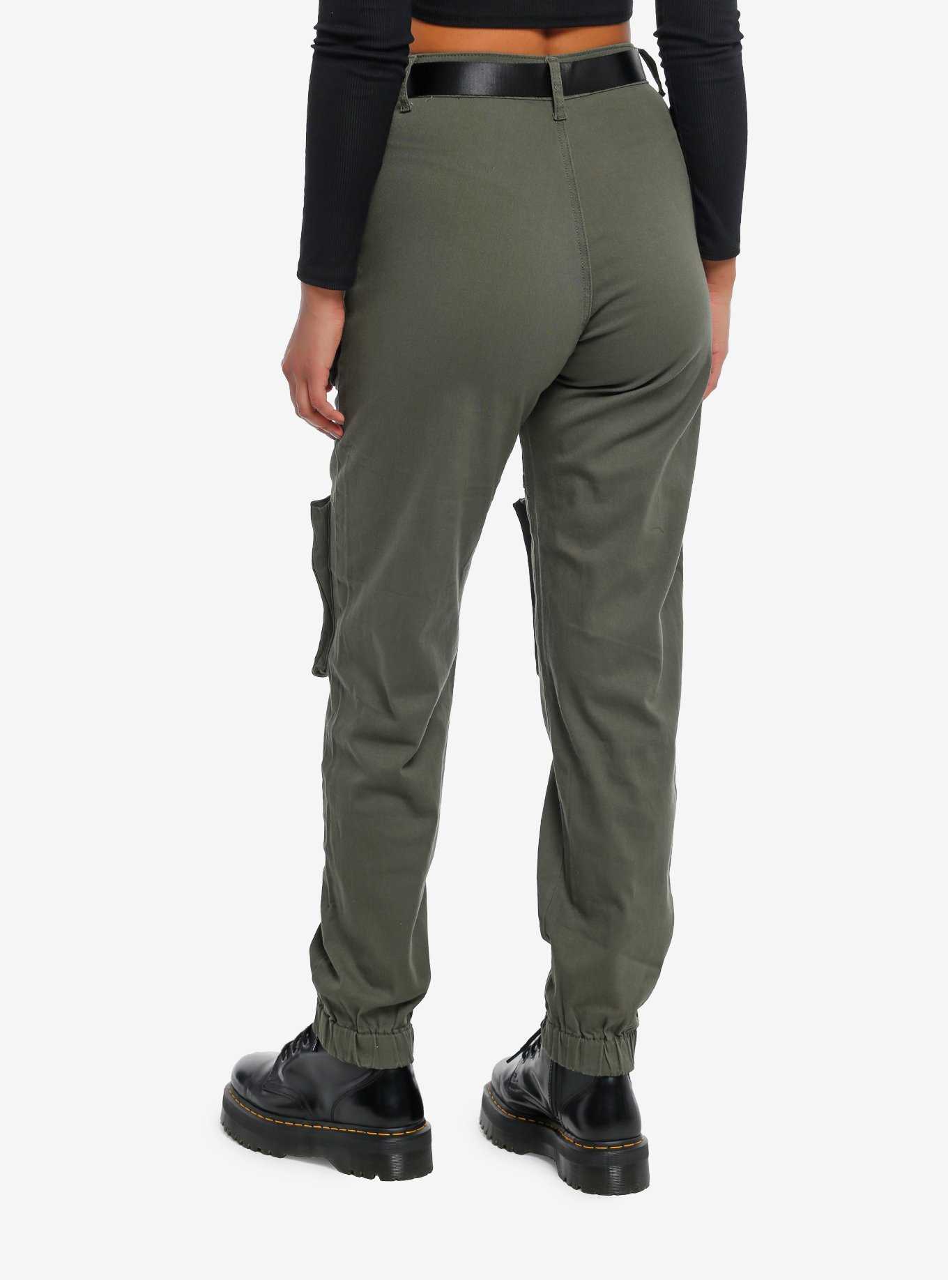 Olive Green Multi-Pocket Girls Jogger Pants, , hi-res