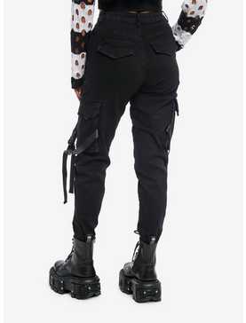 Black Denim Cargo Pockets & Straps Girls Jogger Pants, , hi-res