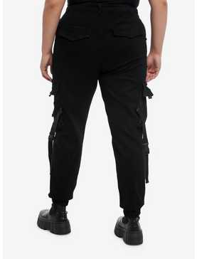 Black Denim Cargo Pockets & Straps Girls Jogger Pants Plus Size, , hi-res