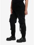 Black Denim Cargo Pockets & Straps Girls Jogger Pants Plus Size, BLACK, alternate