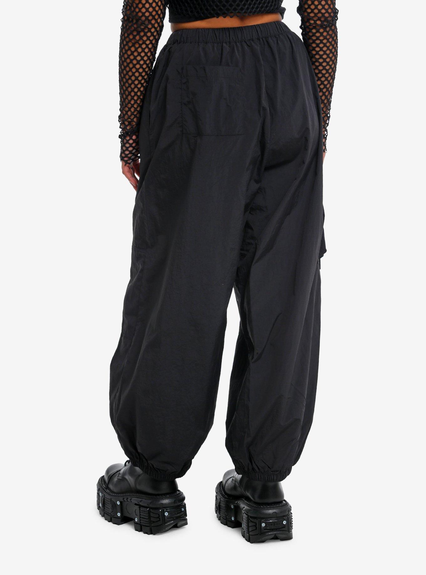 Black Nylon Cargo Pocket Girls Jogger Pants, BLACK, alternate