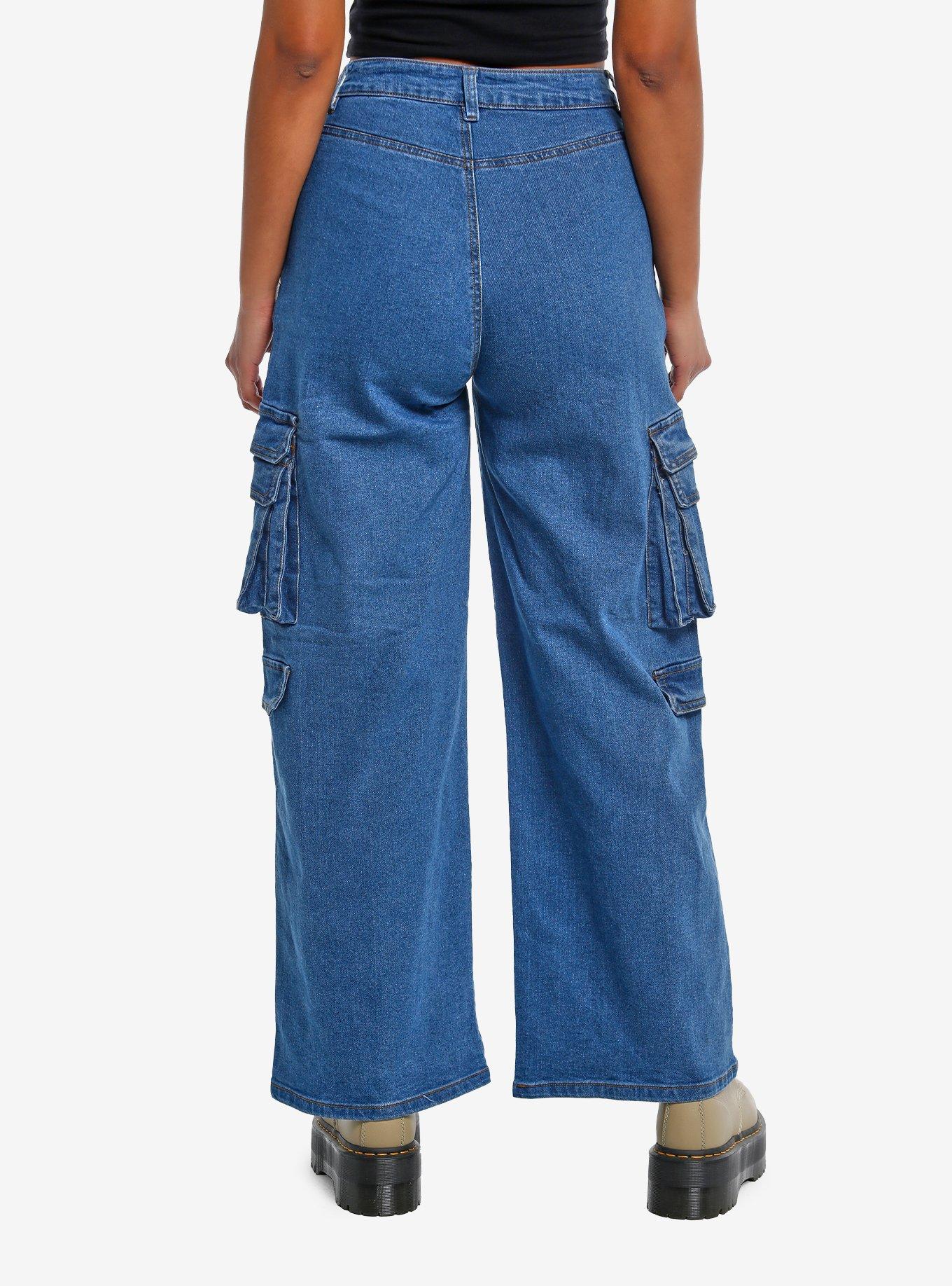 Light Indigo Denim Wide Leg Girls Cargo Pants, , hi-res