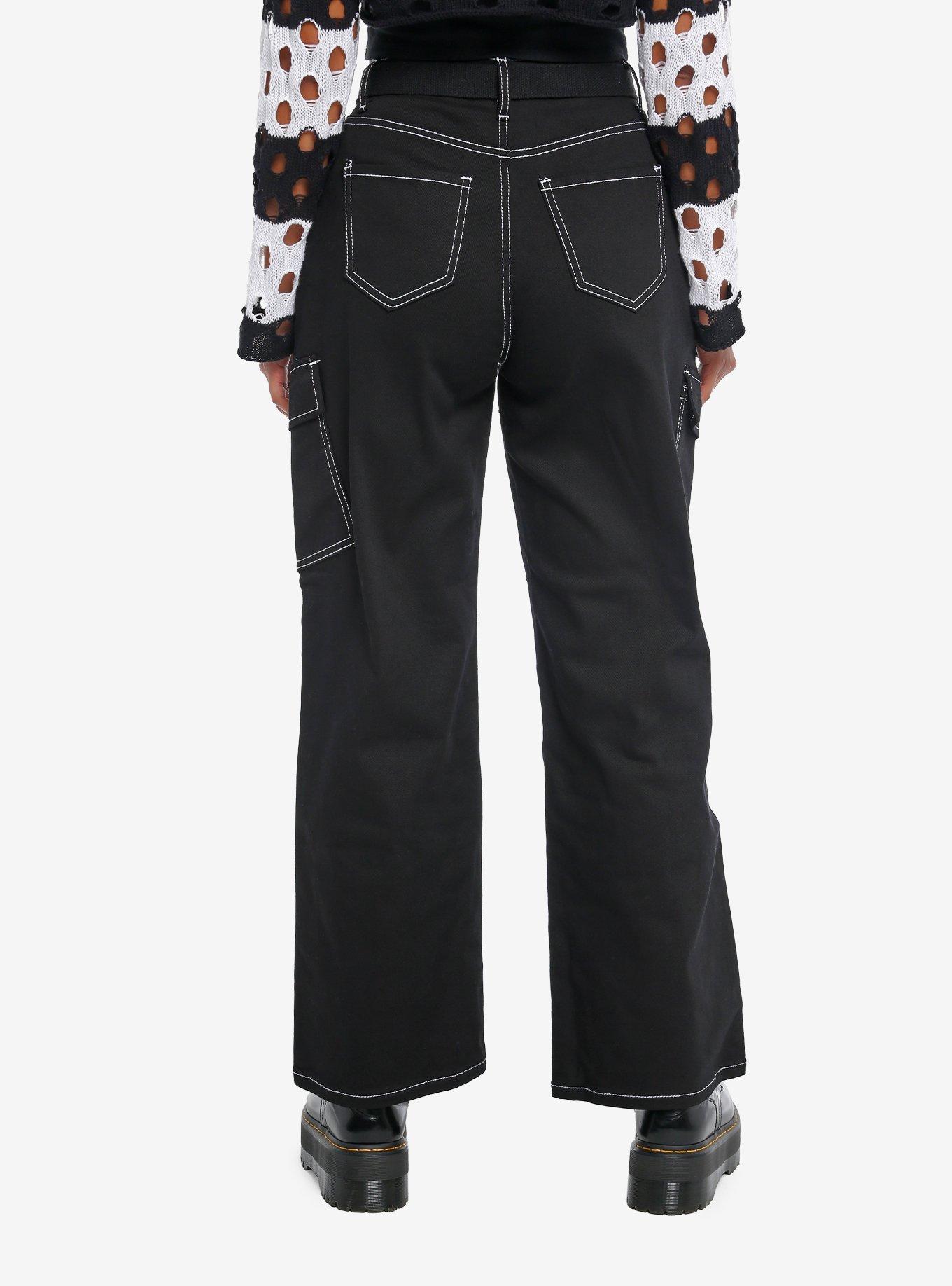 Black & White Contrast Stitch Cargo Pants, BLACK, alternate