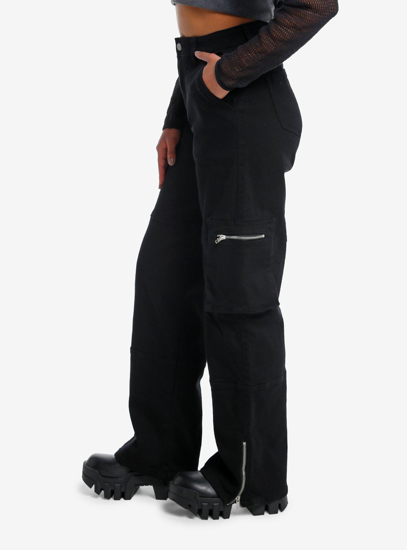 Black Denim Ankle Zip Girls Cargo Pants, BLACK, alternate