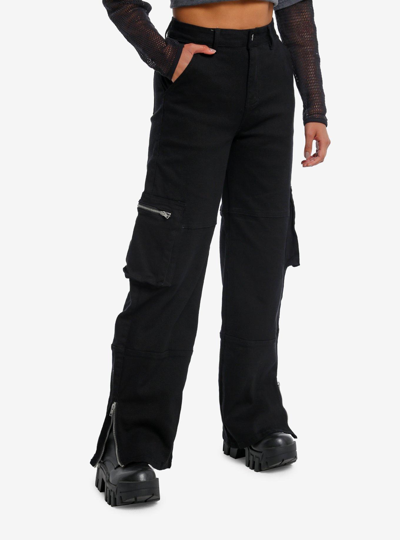 Black Denim Ankle Zip Girls Cargo Pants, BLACK, alternate