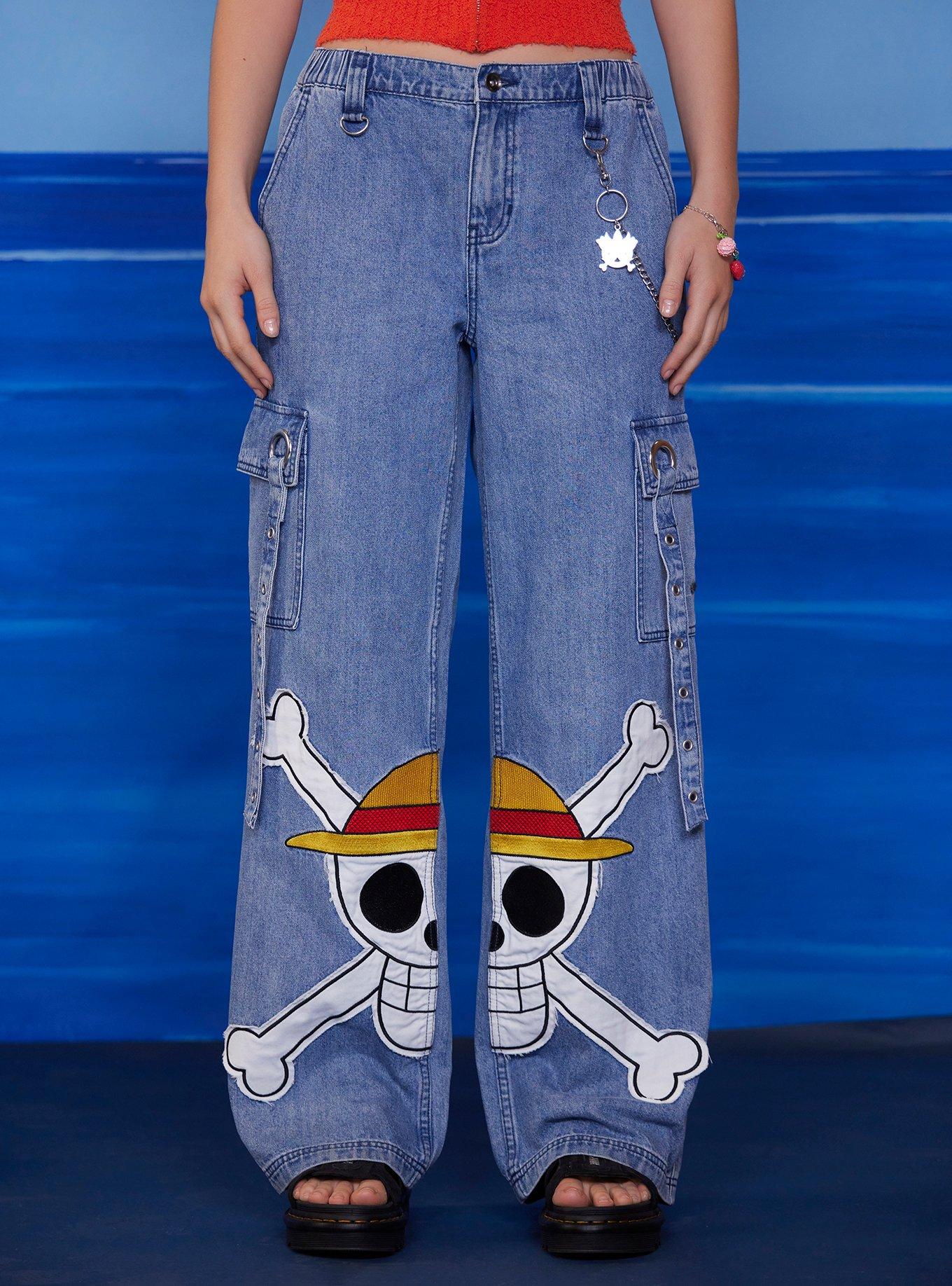One Piece Straw Hat Crew Patch Chain Denim Cargo Pants, MULTI, alternate