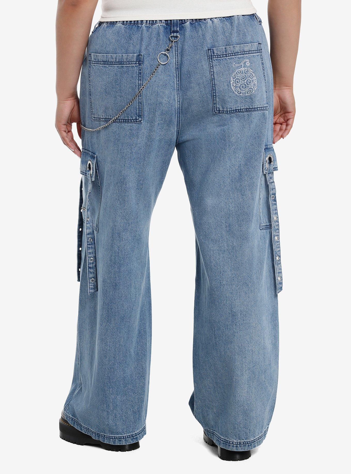 One Piece Straw Hat Crew Patch Chain Denim Cargo Pants Plus Size, MULTI, alternate