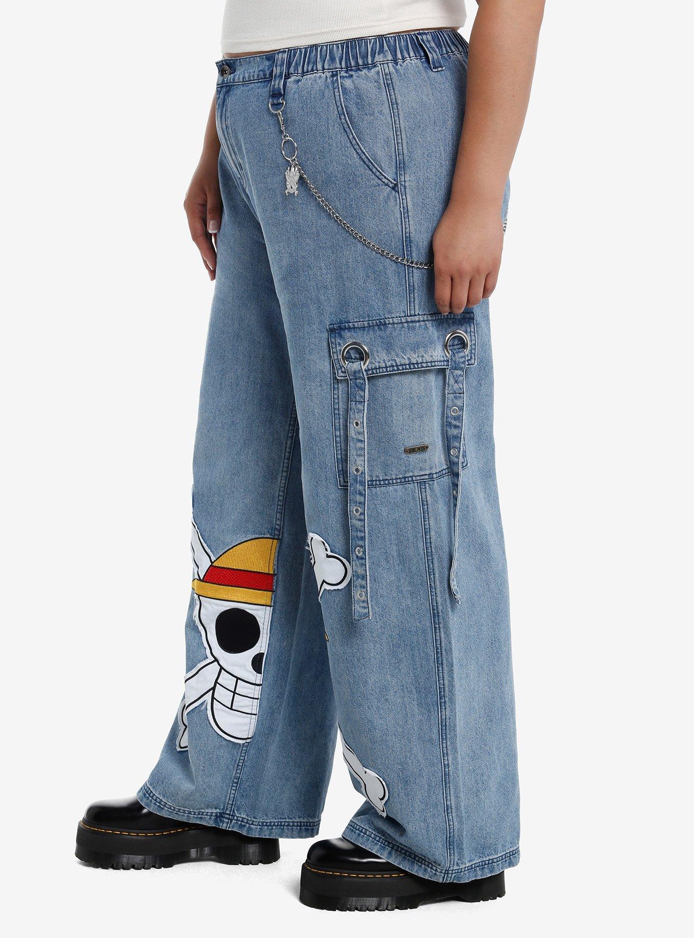 One Piece Straw Hat Crew Patch Chain Denim Cargo Pants Plus Size, MULTI, alternate