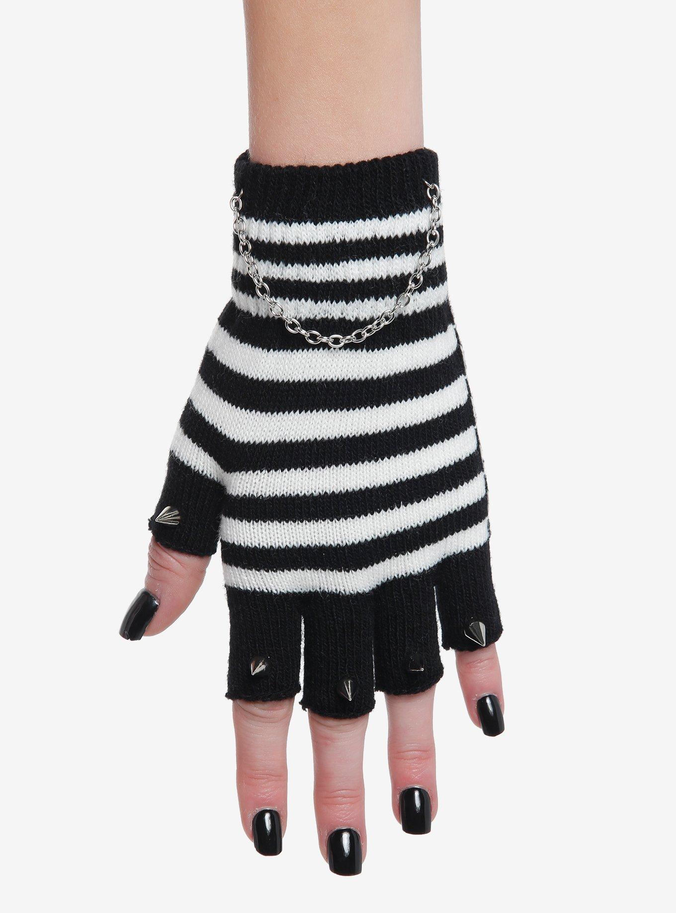 Black & White Stripe Chain Spike Fingerless Gloves