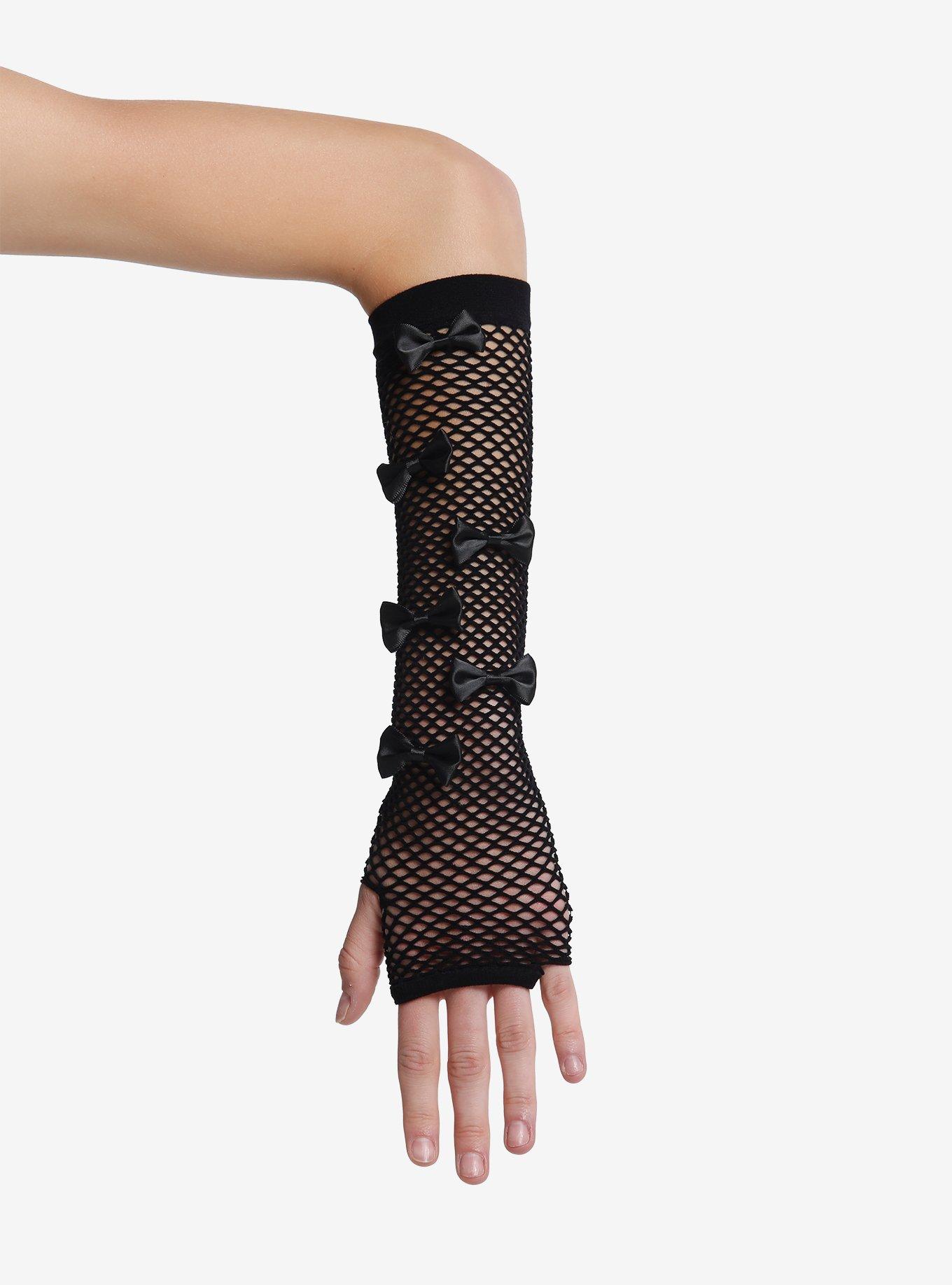 Black Bow Fishnet Arm Warmers, , hi-res