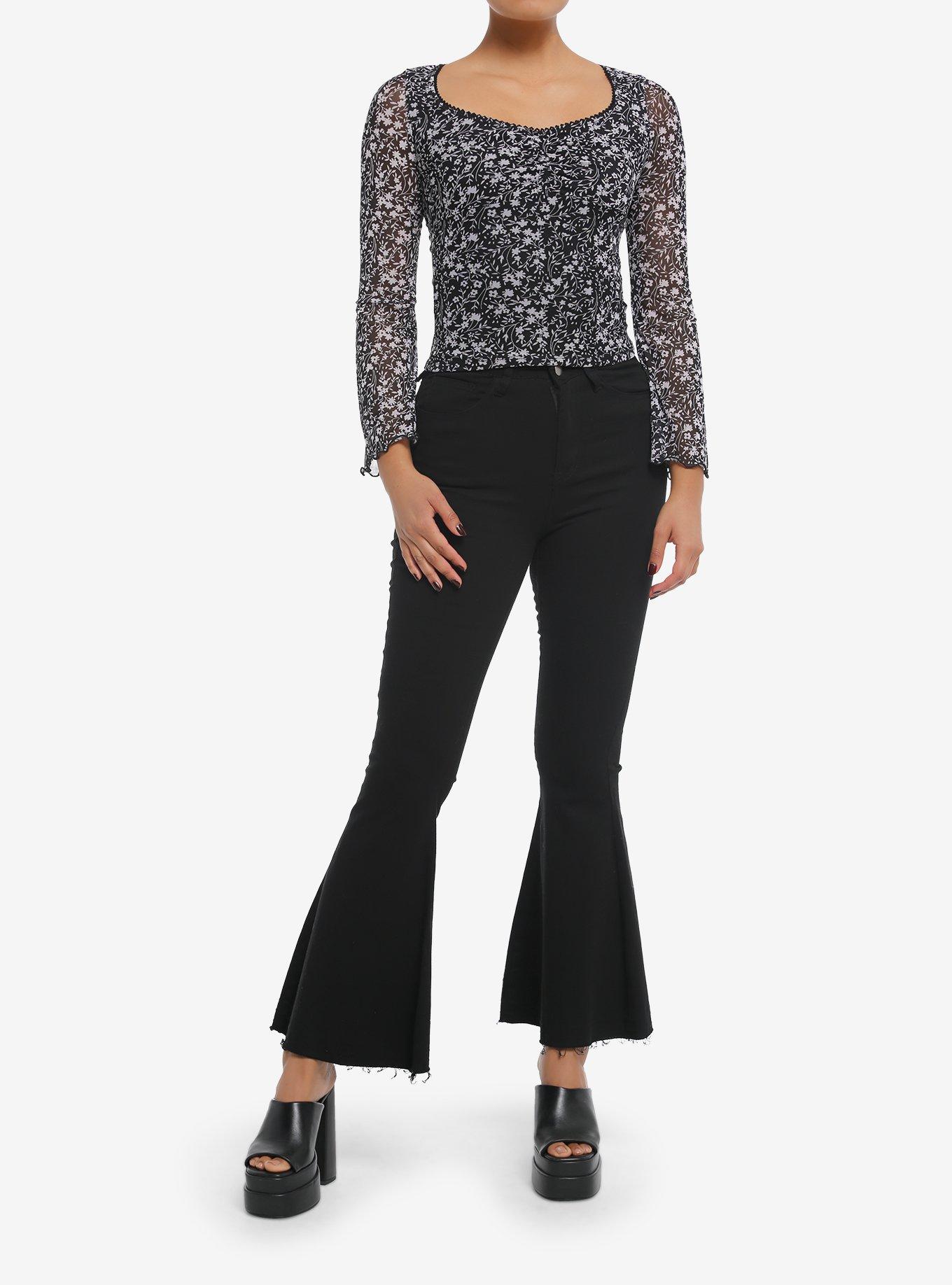 Thorn & Fable Black & White Floral Mesh Girls Long-Sleeve Top, IVORY, alternate