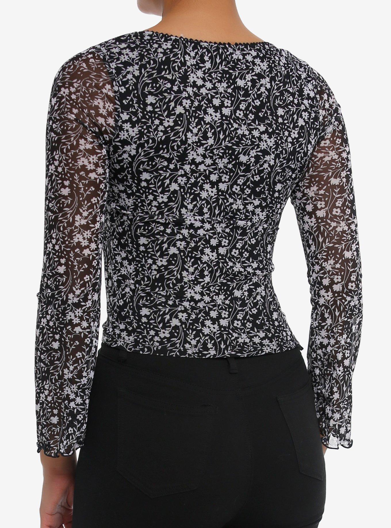 Thorn & Fable Black & White Floral Mesh Girls Long-Sleeve Top, IVORY, alternate