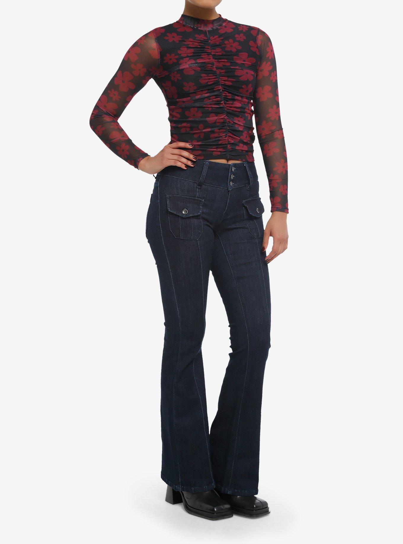 Thorn & Fable Red Daisy Mesh Girls Long-Sleeve Top, RED, alternate