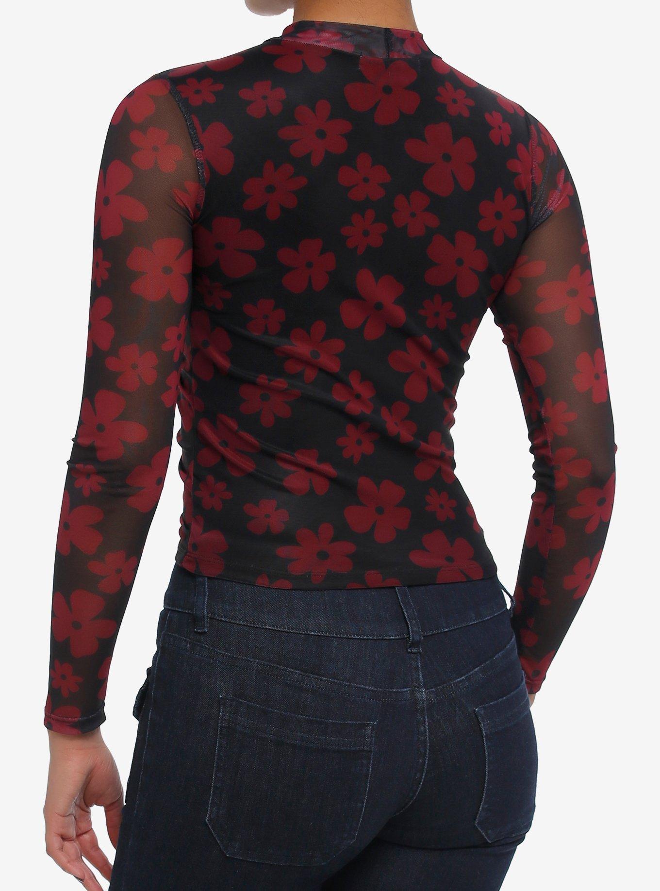Thorn & Fable Red Daisy Mesh Girls Long-Sleeve Top