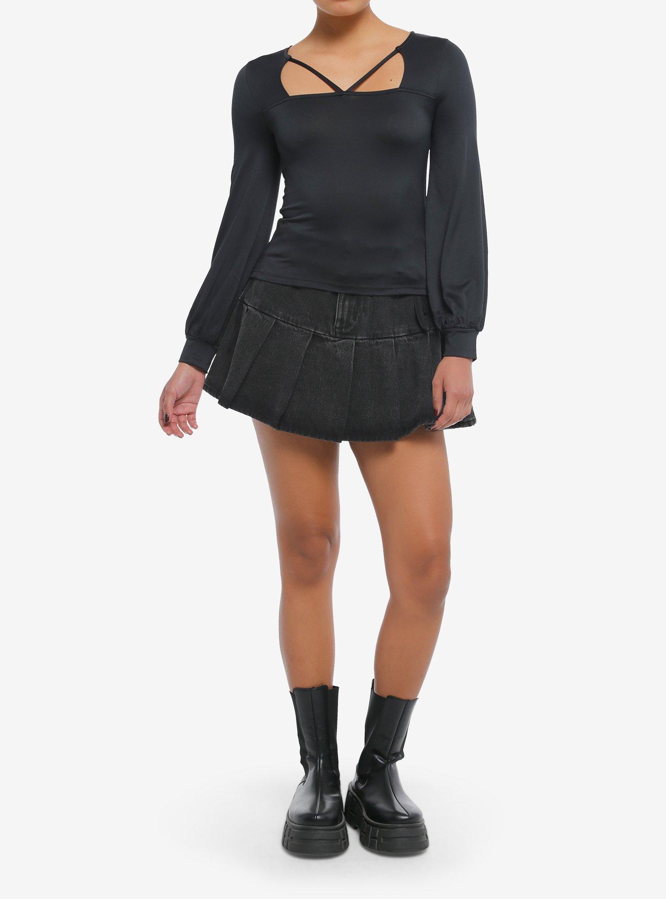 Black Strappy Girls Balloon Sleeve Top, , hi-res
