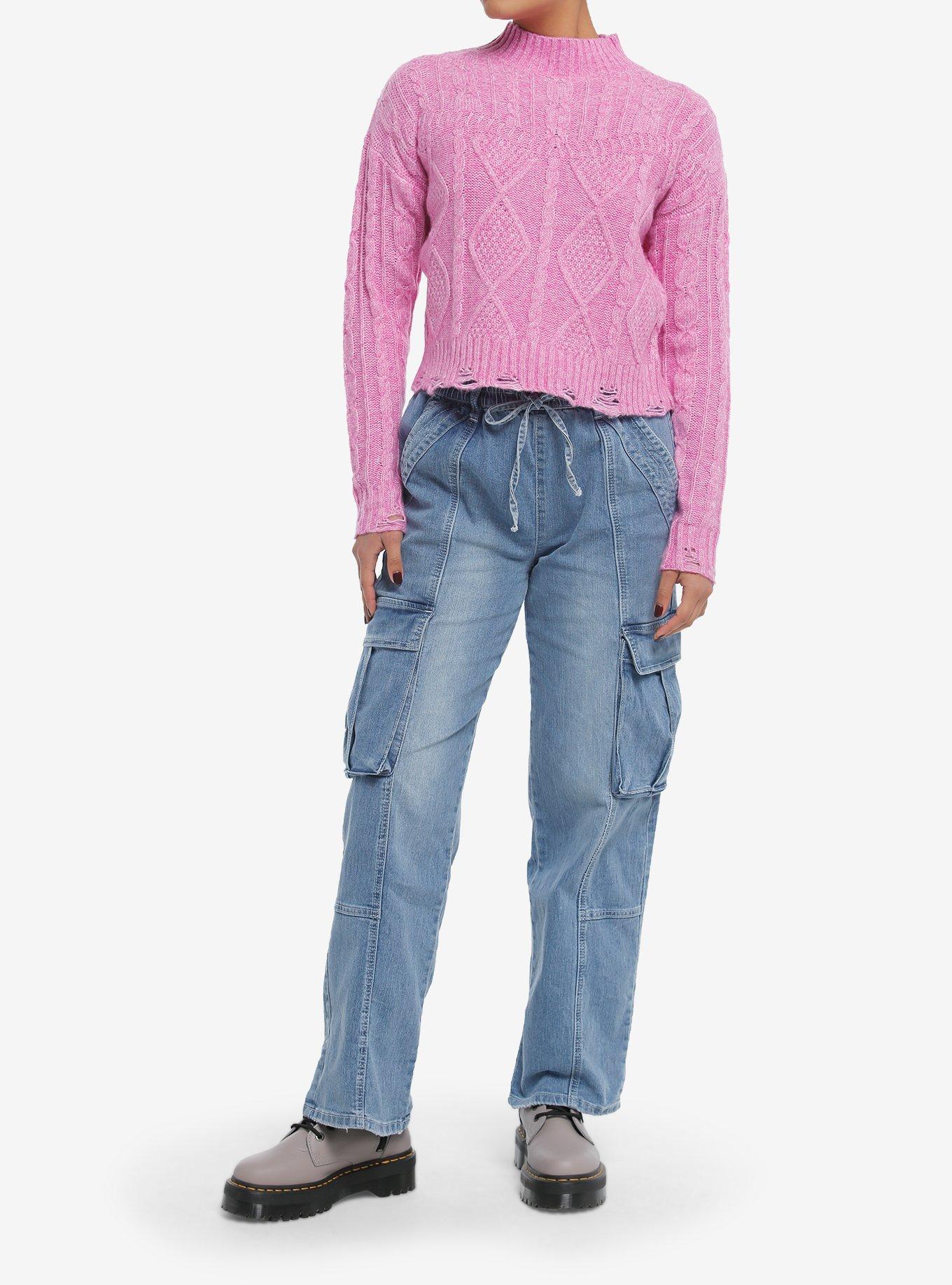 Magenta Cable Knit Girls Crop Sweater, , hi-res
