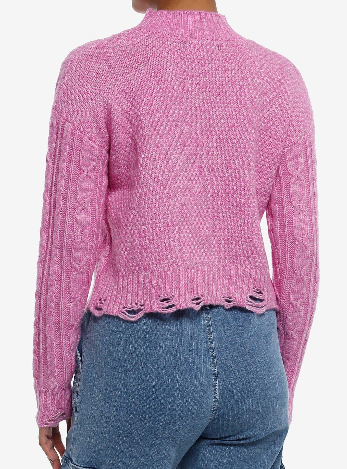 Magenta Cable Knit Girls Crop Sweater, PINK, alternate