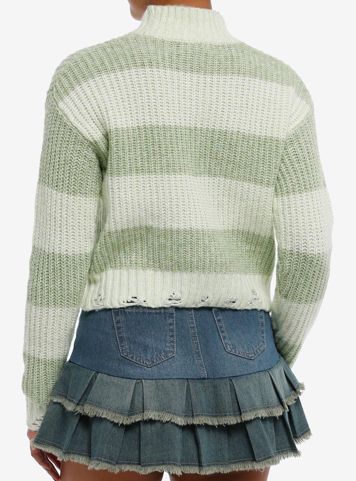 Light Green Stripe Cable Knit Girls Crop Sweater, GREEN, alternate