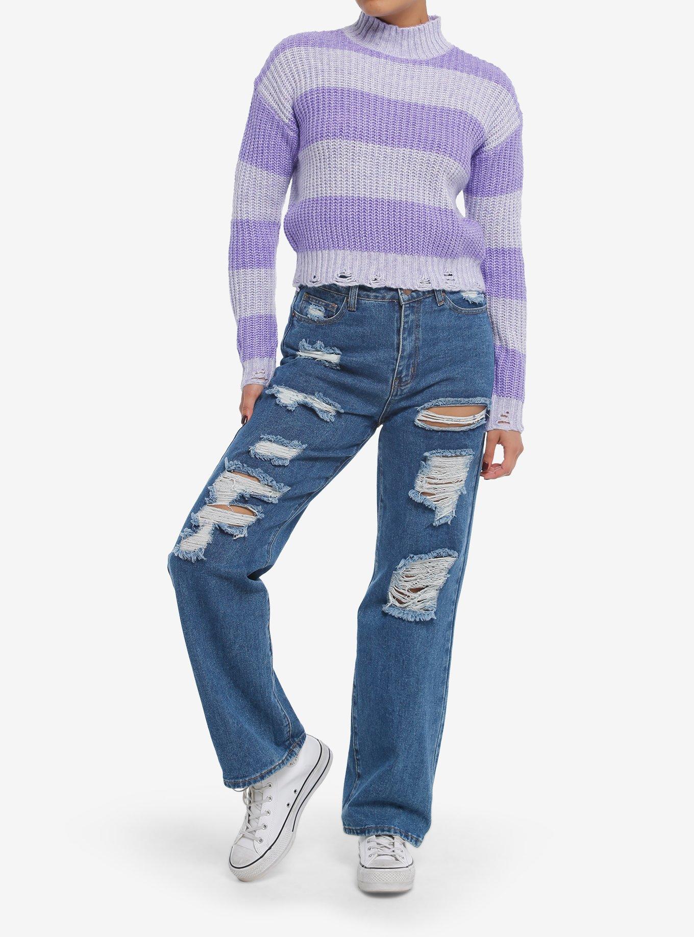 Lavender Purple Stripe Cable Knit Girls Crop Sweater, PURPLE, alternate