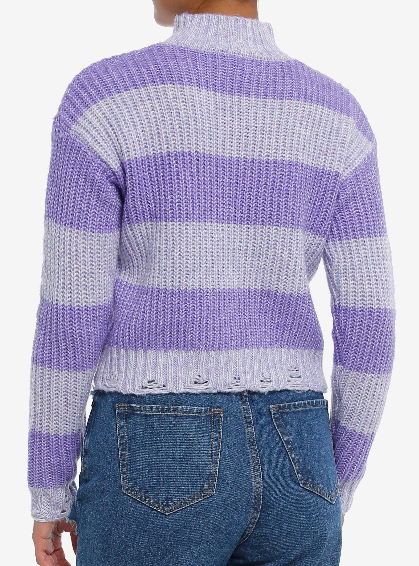 Lavender Purple Stripe Cable Knit Girls Crop Sweater, PURPLE, alternate