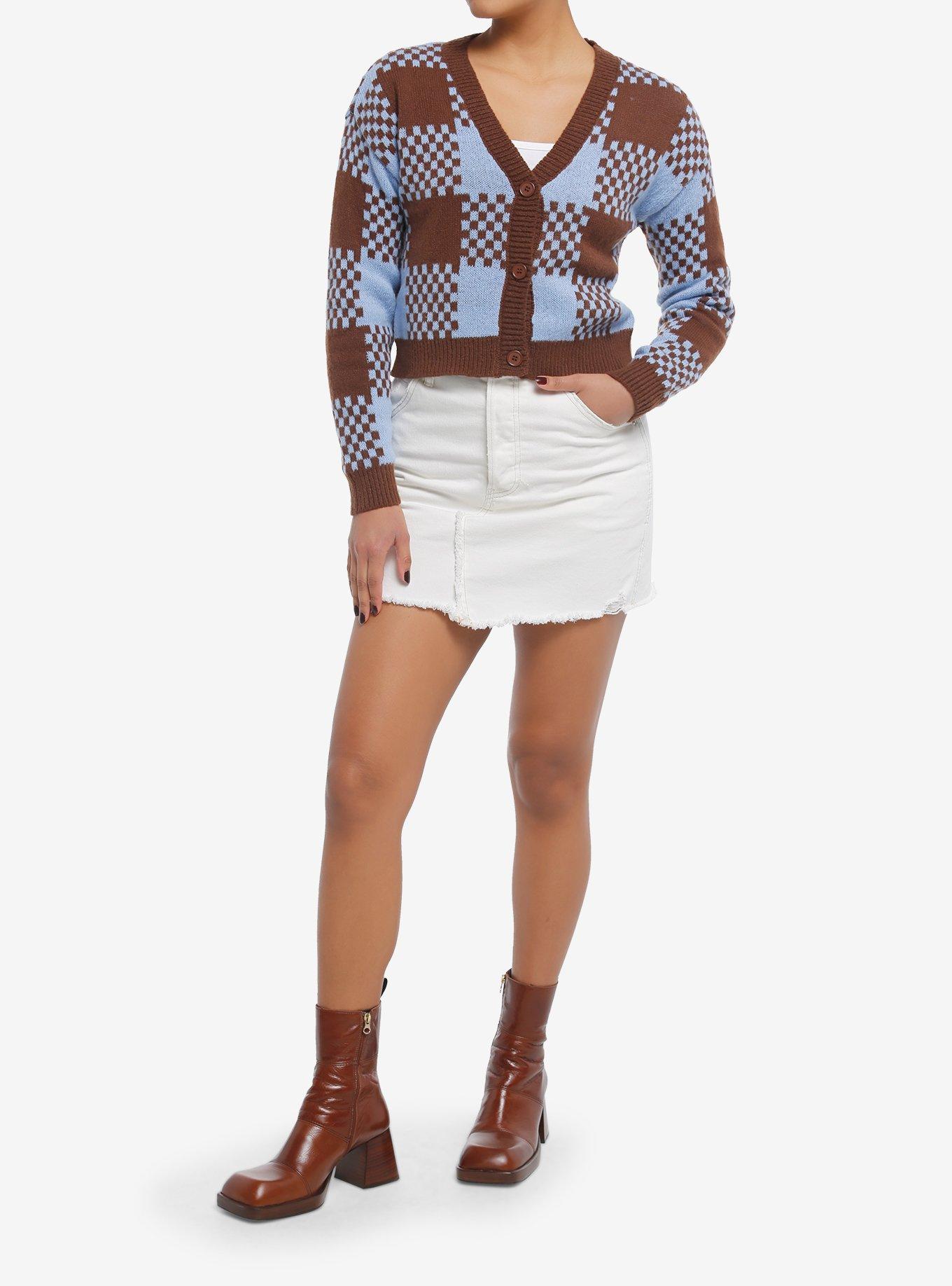 Brown & Blue Plaid Jacquard Knit Girls Crop Cardigan, , hi-res