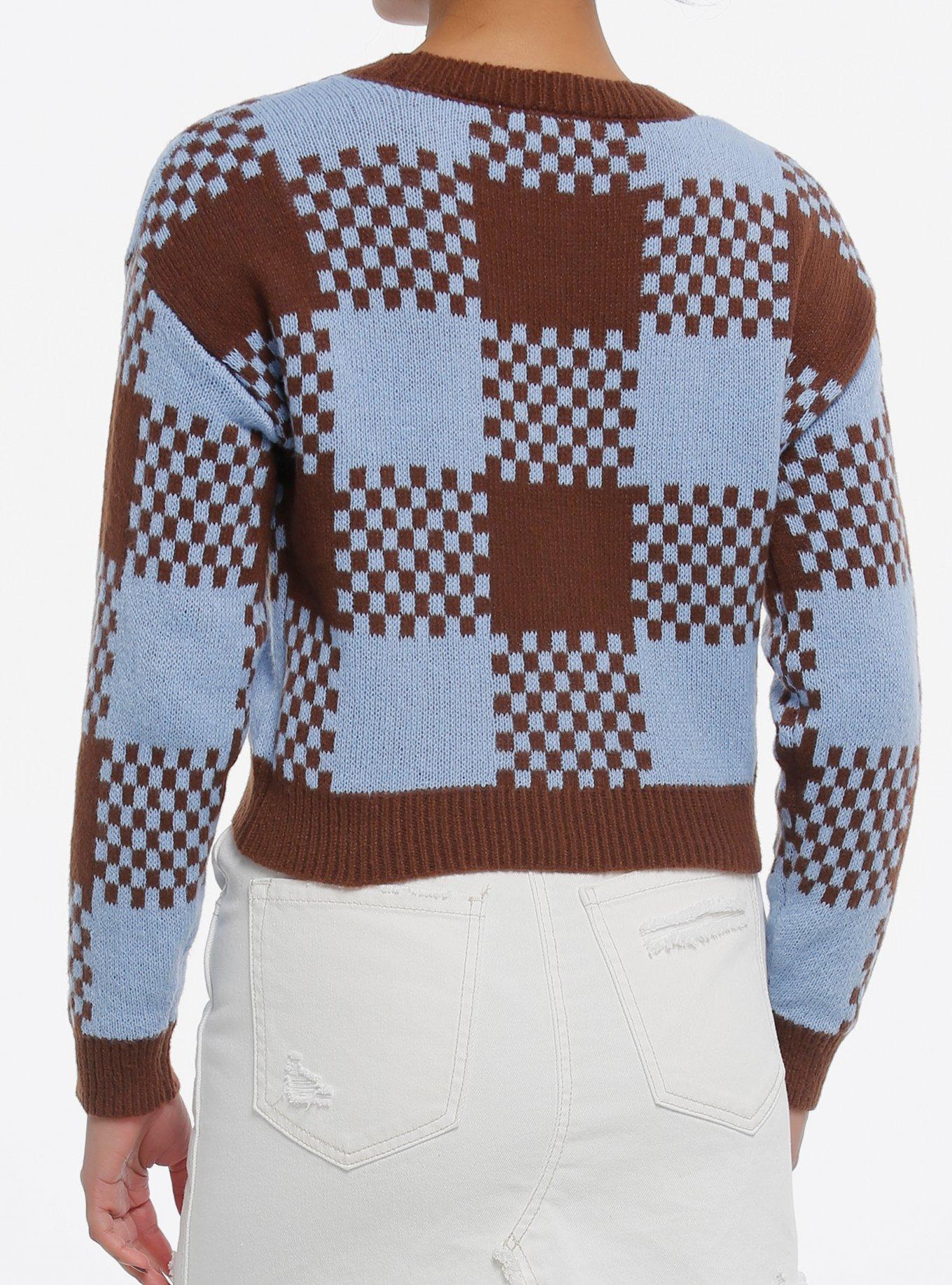 Brown & Blue Plaid Jacquard Knit Girls Crop Cardigan, BLUE, alternate