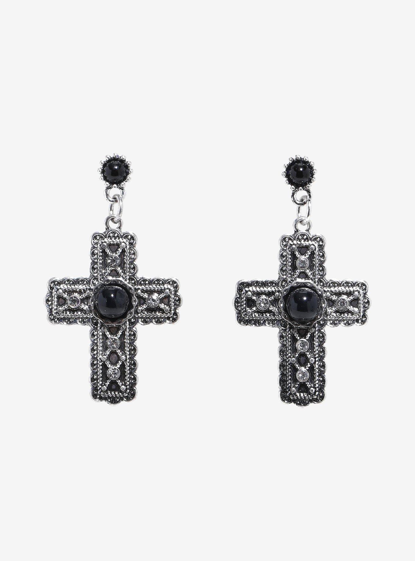 Social Collision Ornate Cross Earrings, , alternate