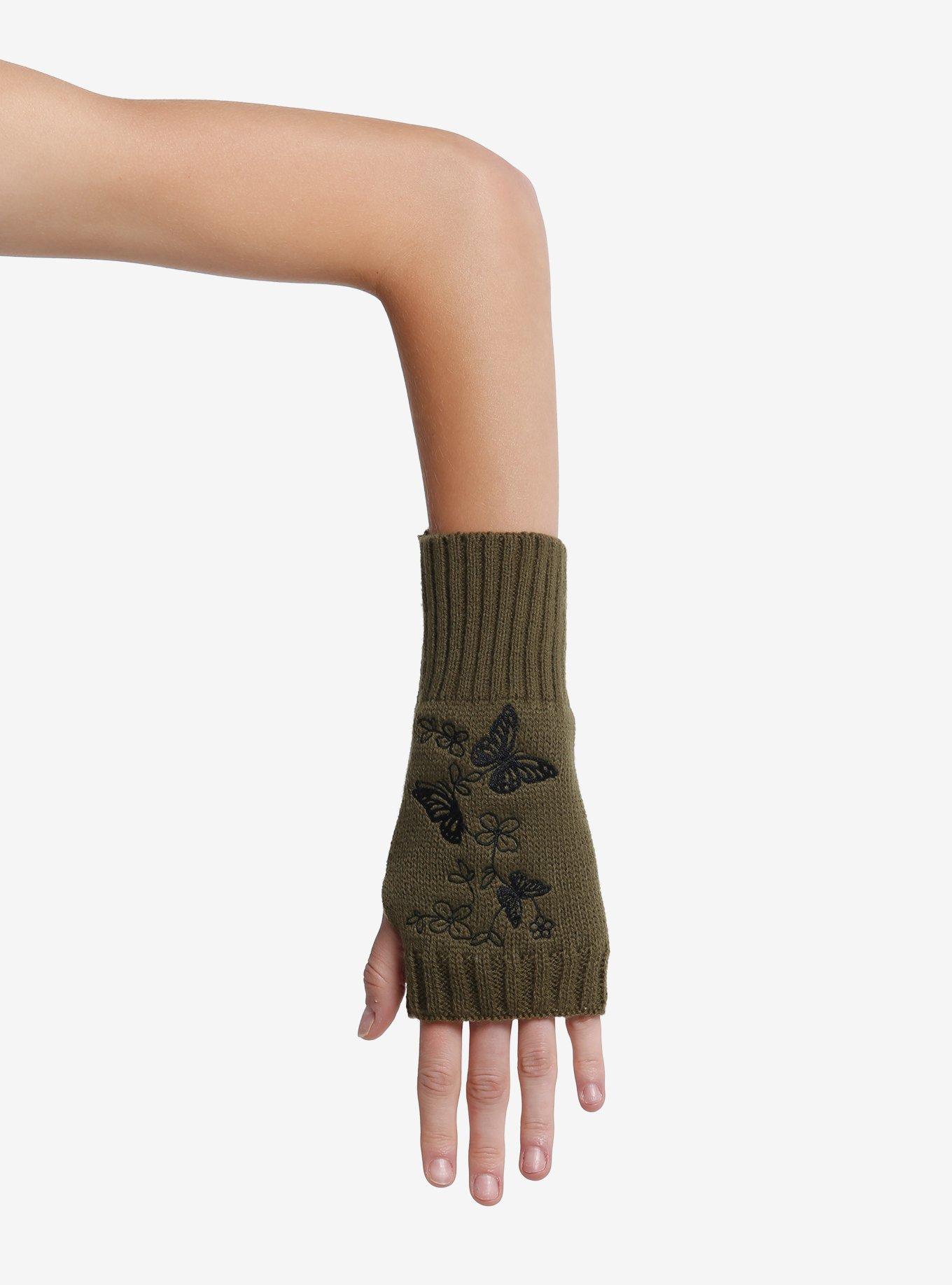 Butterfly Flower Embroidered Short Knit Fingerless Gloves, , hi-res