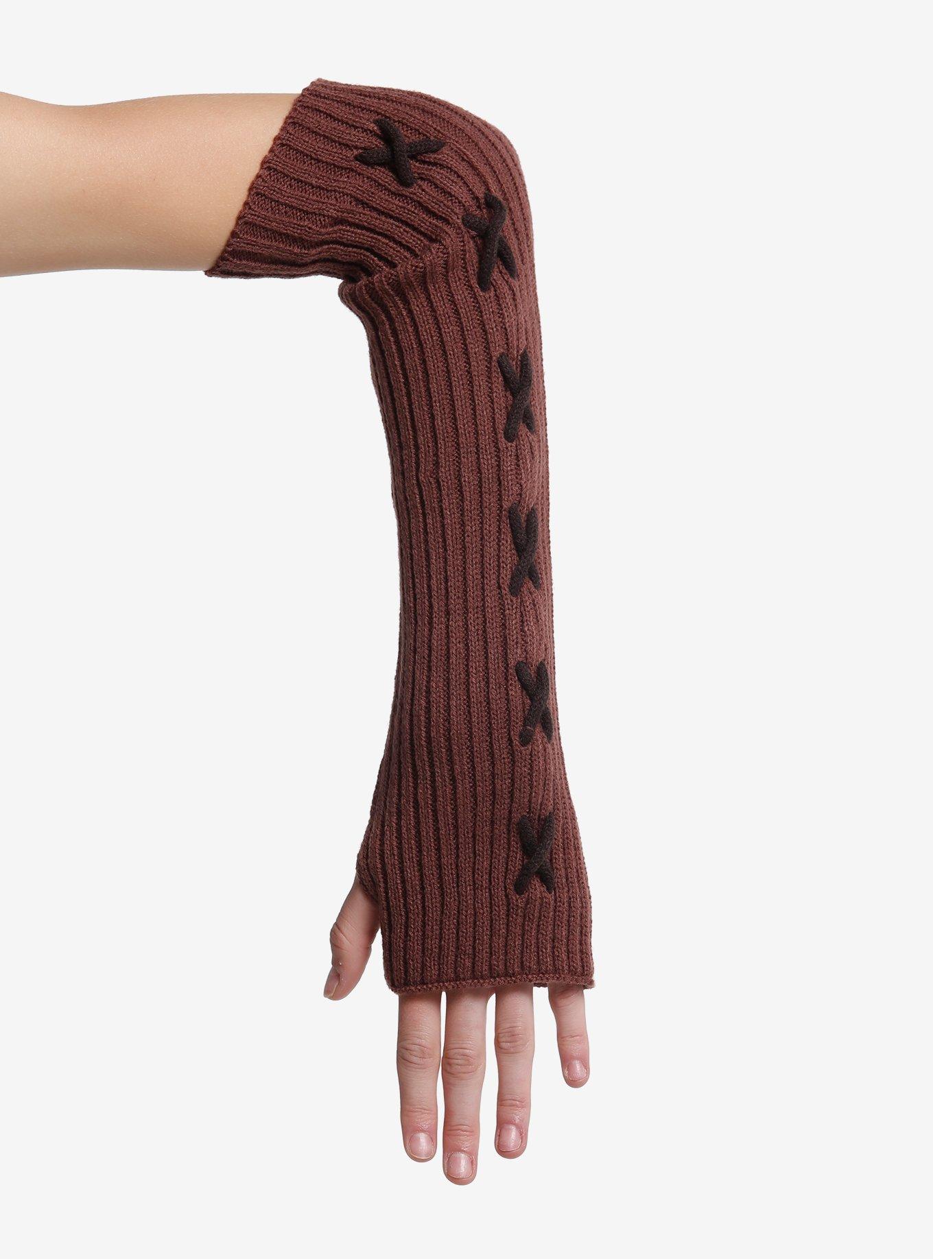 Brown Ribbed Lace-Up Arm Warmers, , alternate