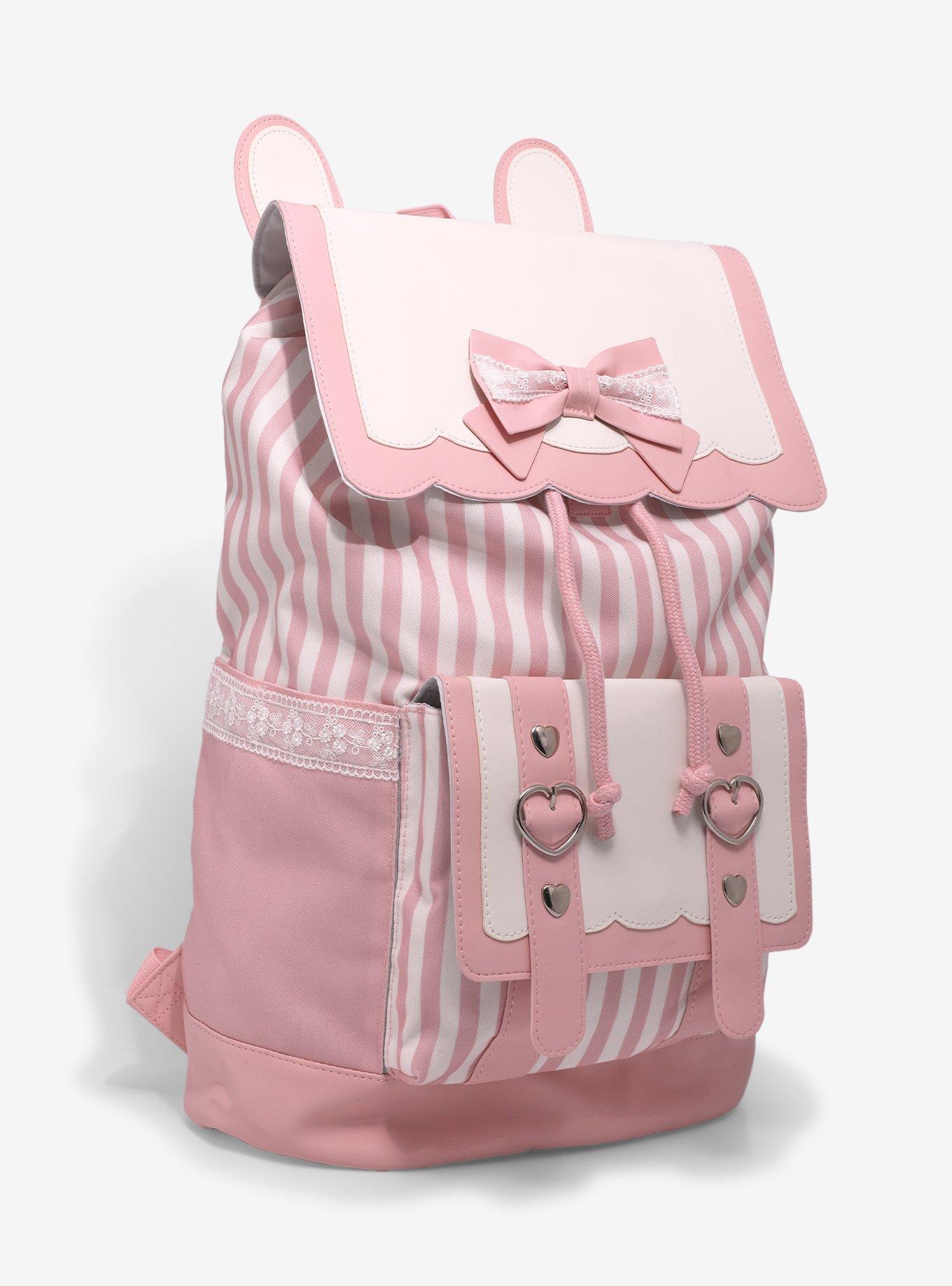 Kawaii Pink & White Bunny Bow Slouch Backpack, , alternate