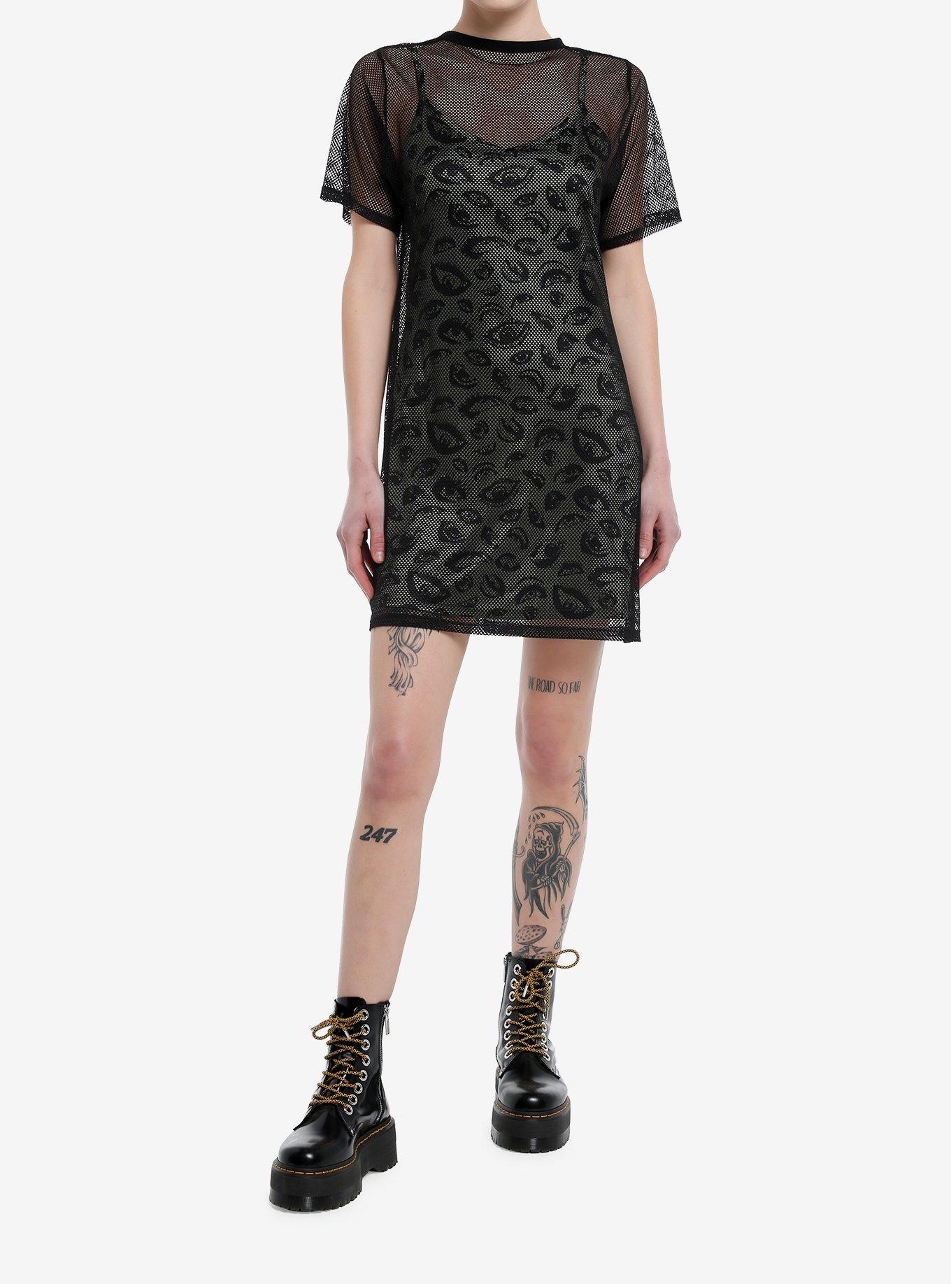 Social Collision Eyes Fishnet Twofer Dress, GREEN, alternate