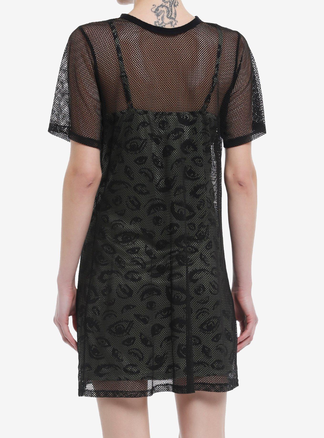 Social Collision Eyes Fishnet Twofer Dress, GREEN, alternate