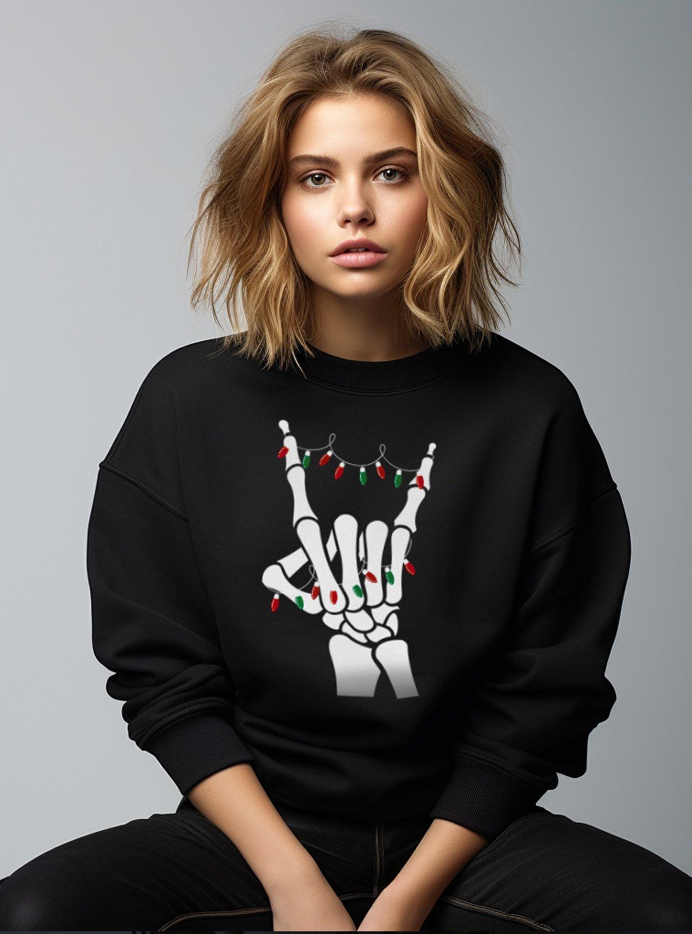 Metal Horns Skeleton Ugly Christmas Sweater, BLACK, alternate