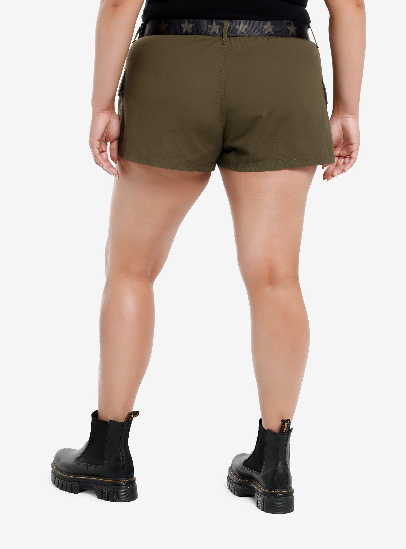 Army Green Star Belted Girls Cargo Shorts Plus Size, , hi-res