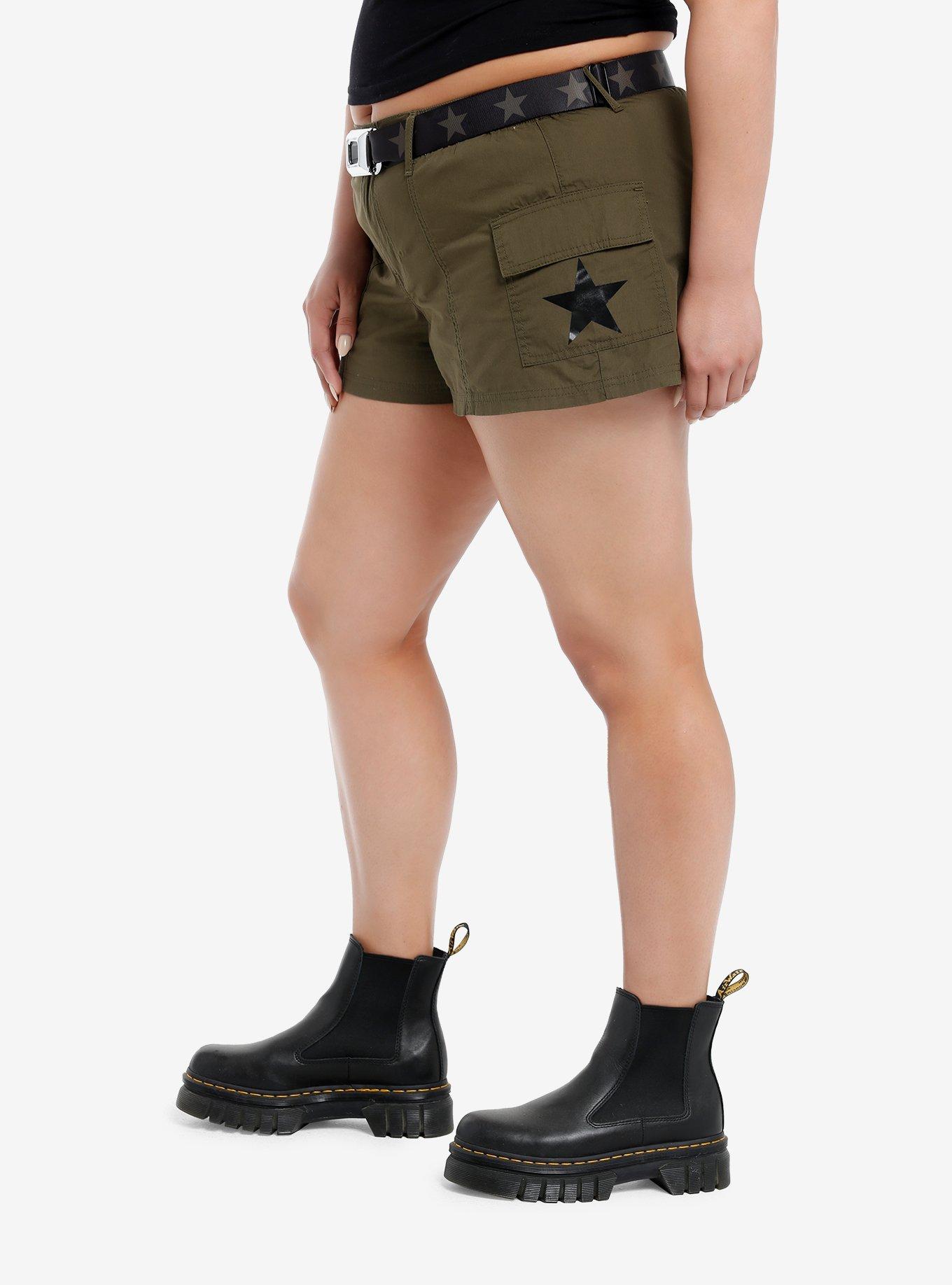 Army Green Star Belted Girls Cargo Shorts Plus Size, NAVY, alternate