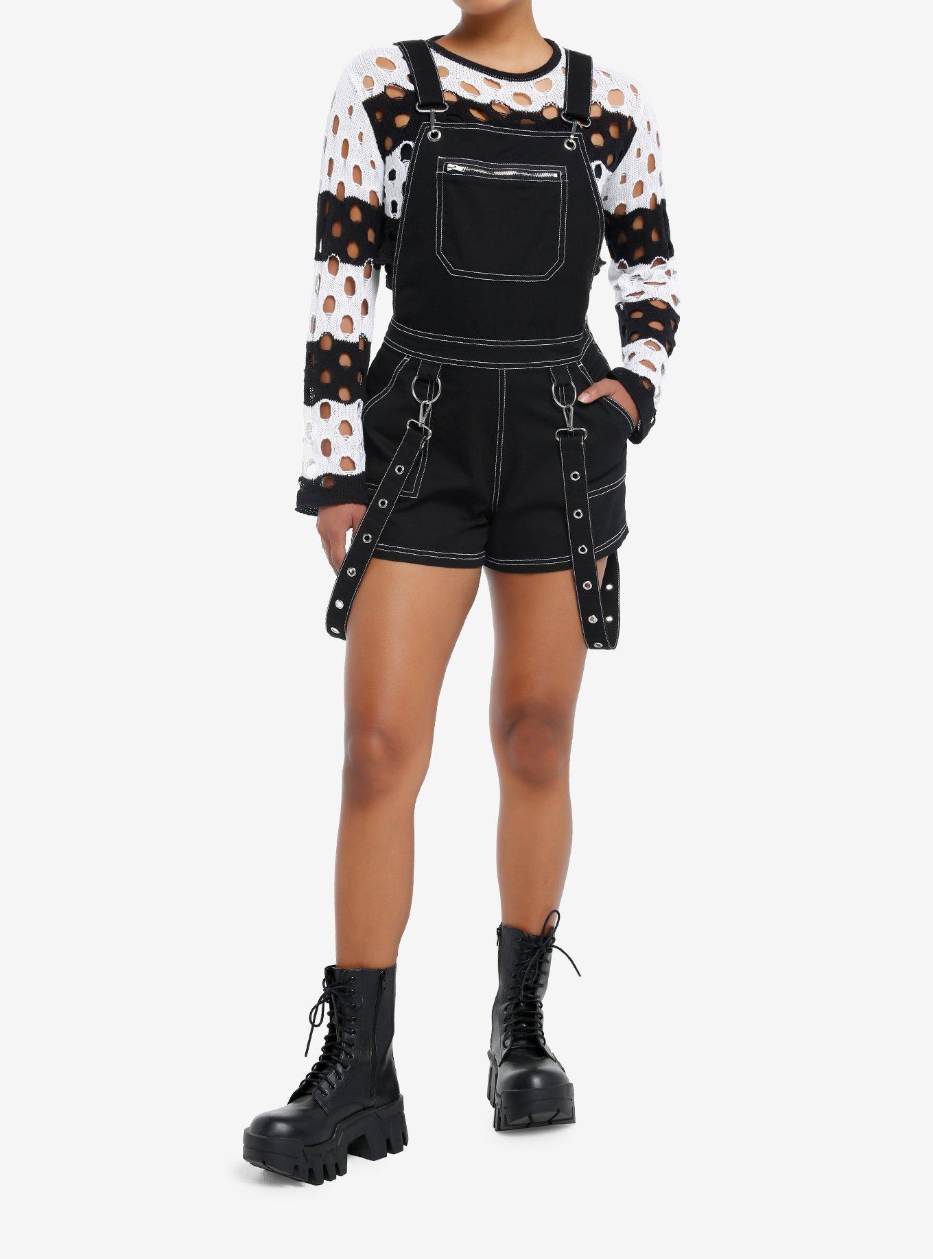 Black & White Contrast Stitch Suspender Shortalls, BLACK, alternate