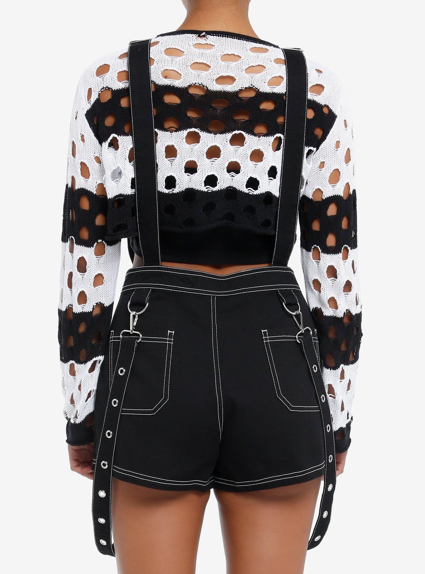 Black & White Contrast Stitch Suspender Shortalls, BLACK, alternate