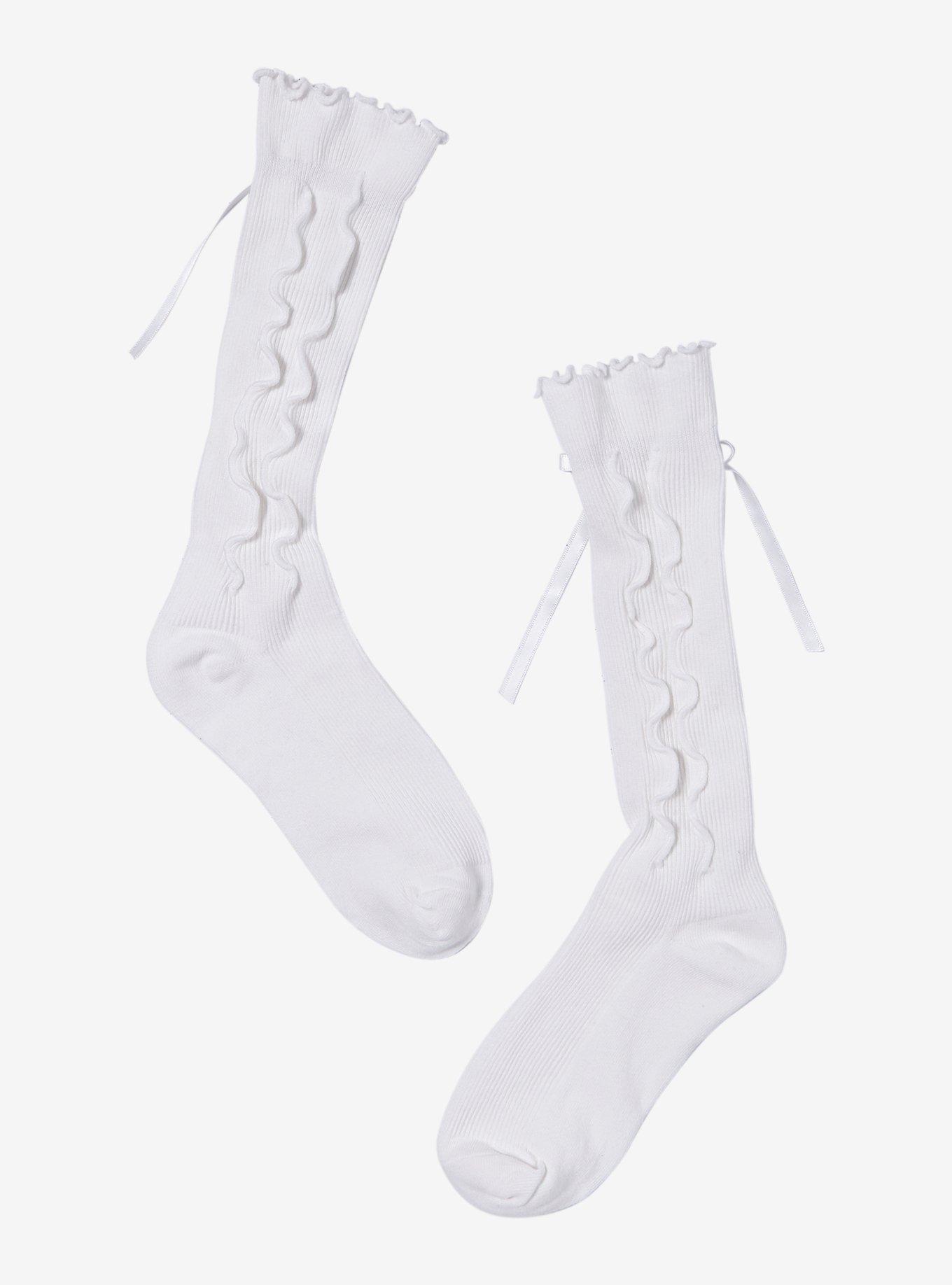 White Lace-Up Lettuce Trim Crew Socks, , alternate