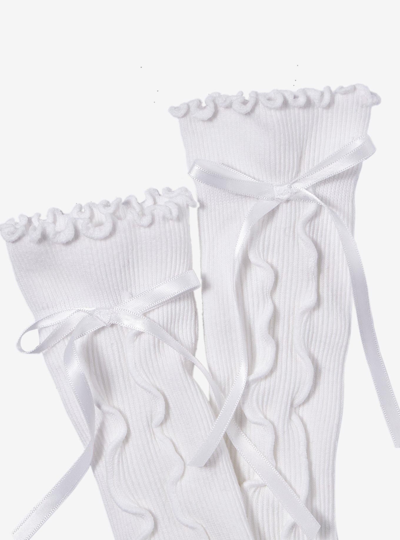 White Lace-Up Lettuce Trim Crew Socks, , alternate