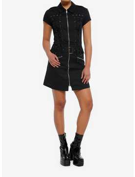 Black Lace-Up Grommet Zipper Dress, , hi-res