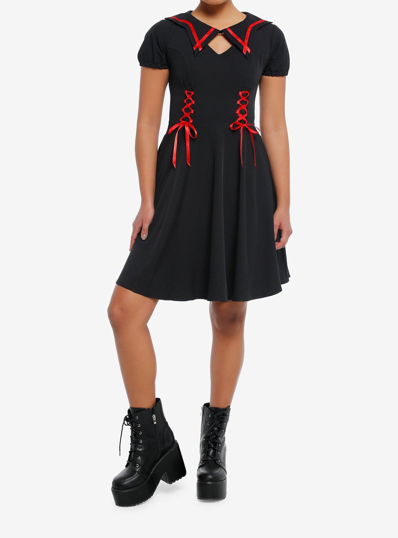 Black & Red Lace-Up Ribbon Skater Dress, , hi-res