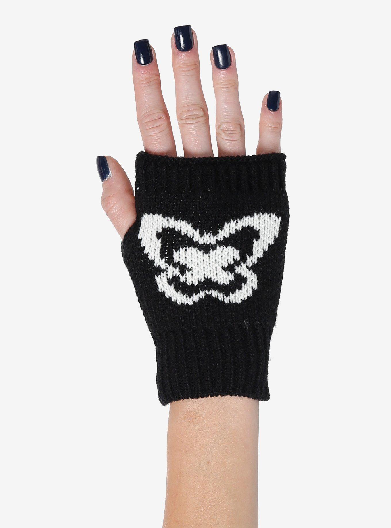 Black & White Butterfly Knit Fingerless Gloves, , alternate