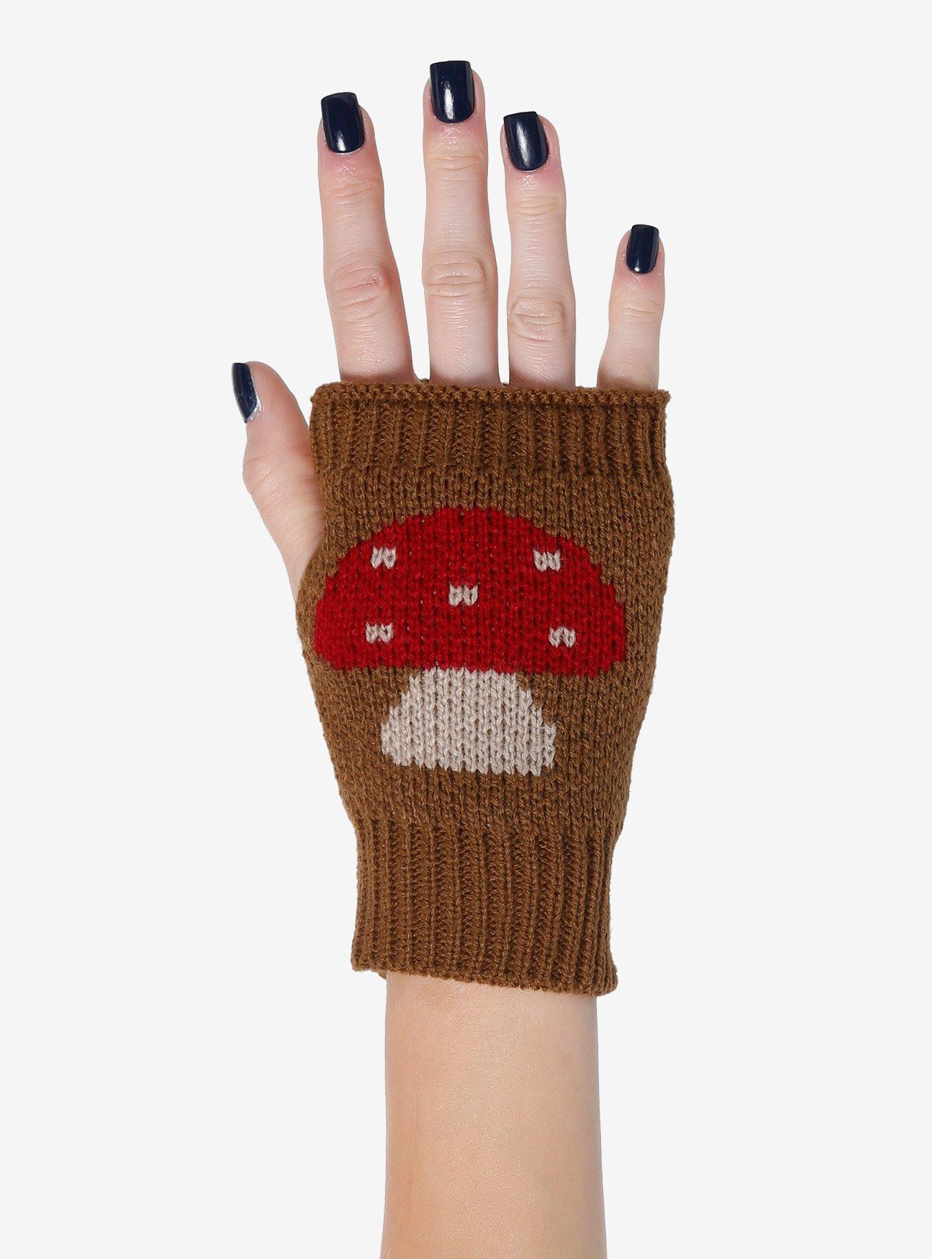Brown Mushroom Fingerless Gloves, , alternate