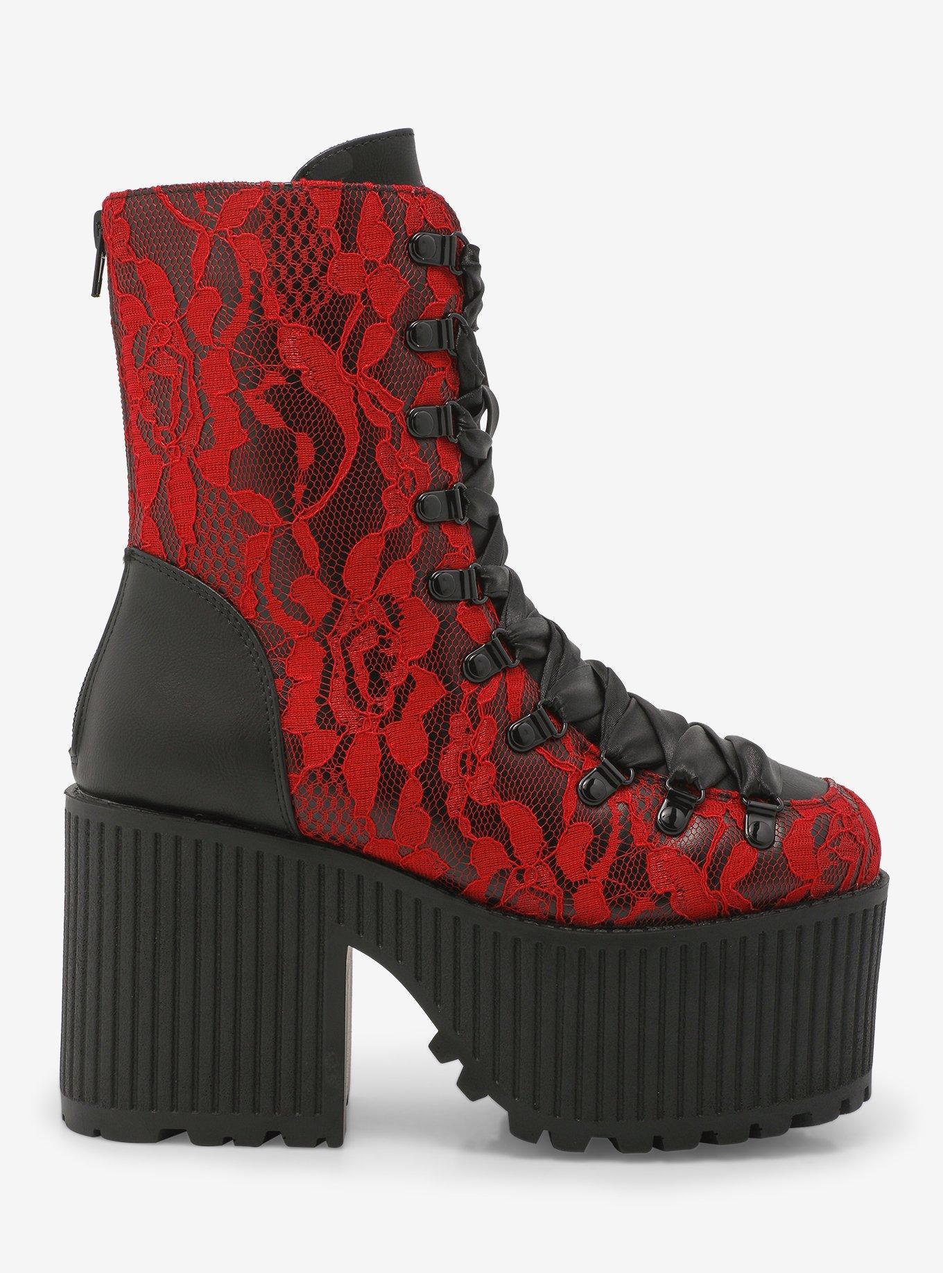 Strange Cvlt Pandora Red Lace Platform Boots, , hi-res