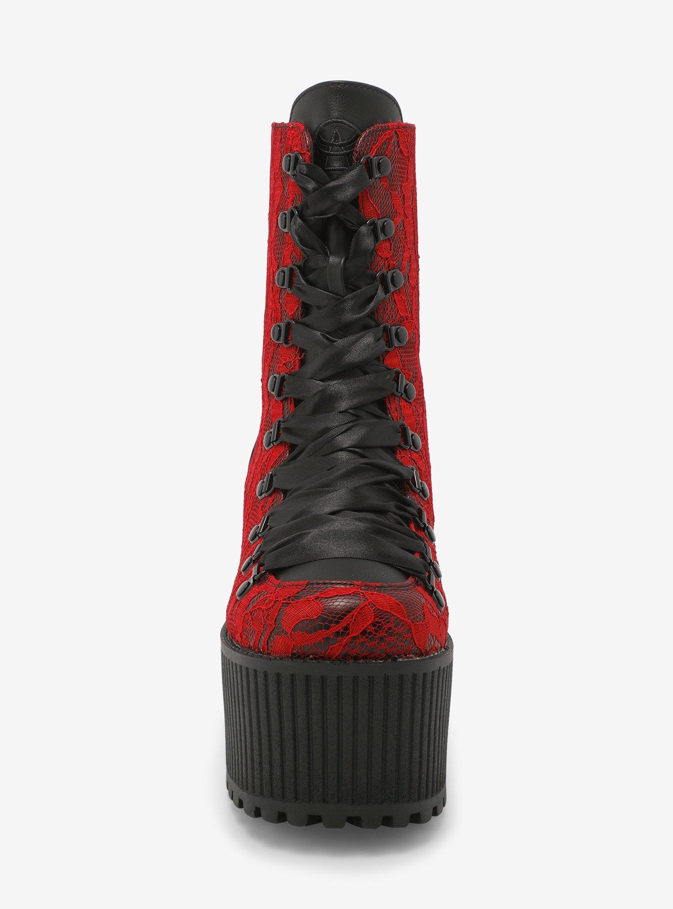 Strange Cvlt Pandora Red Lace Platform Boots, MULTI, alternate