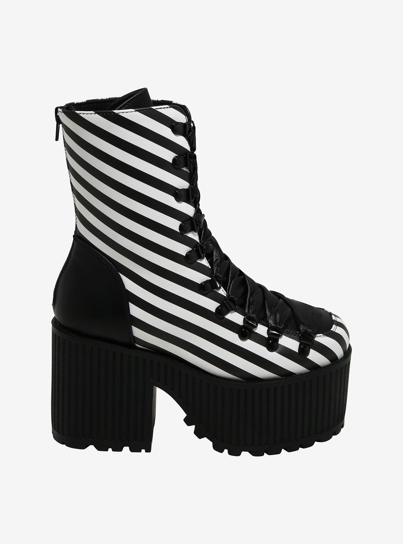 Strange Cvlt Black & White Stripe Pandora Platform Boots