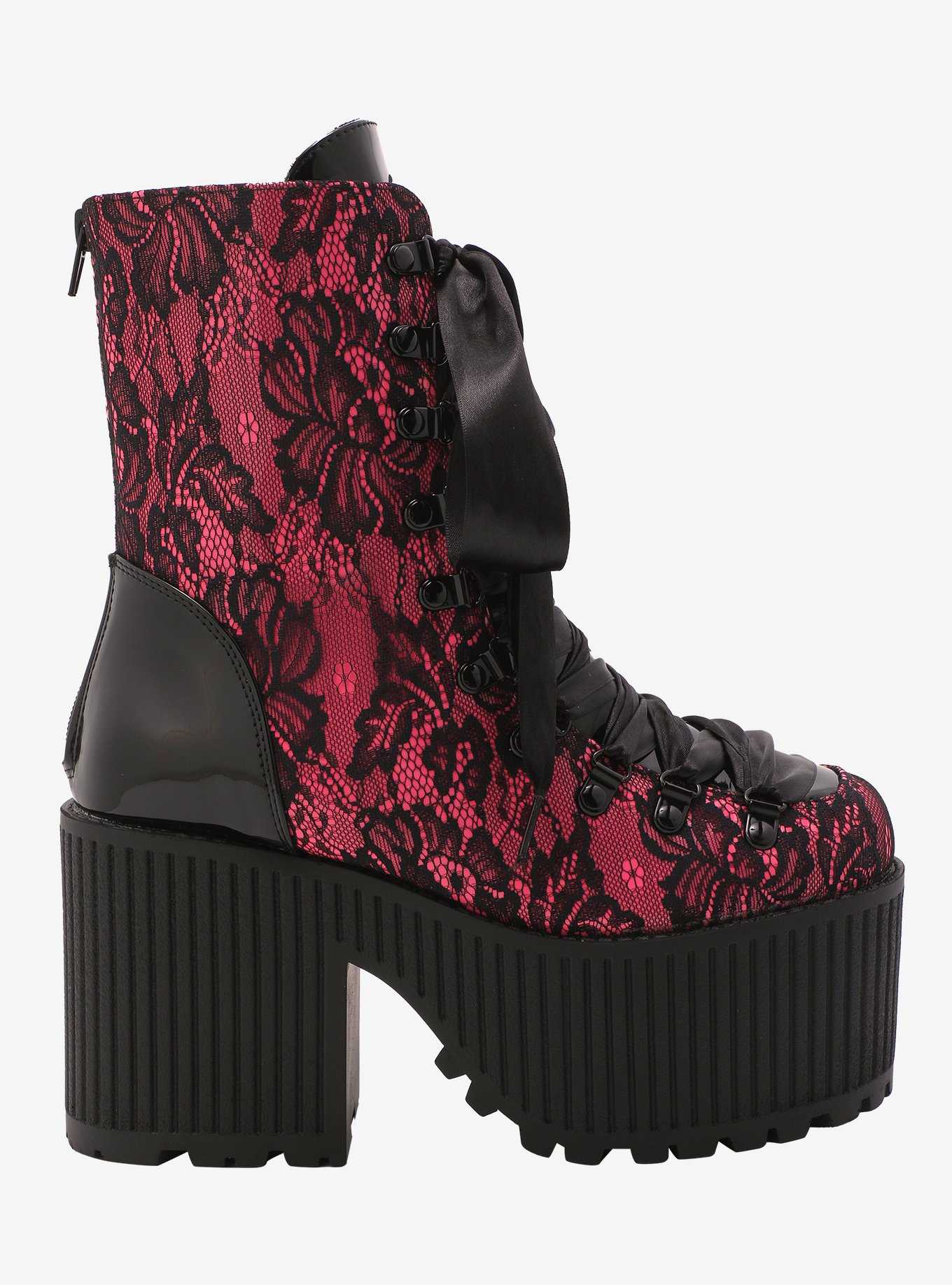 Strange Cvlt Pandora Pink & Black Lace Platform Boots, , hi-res