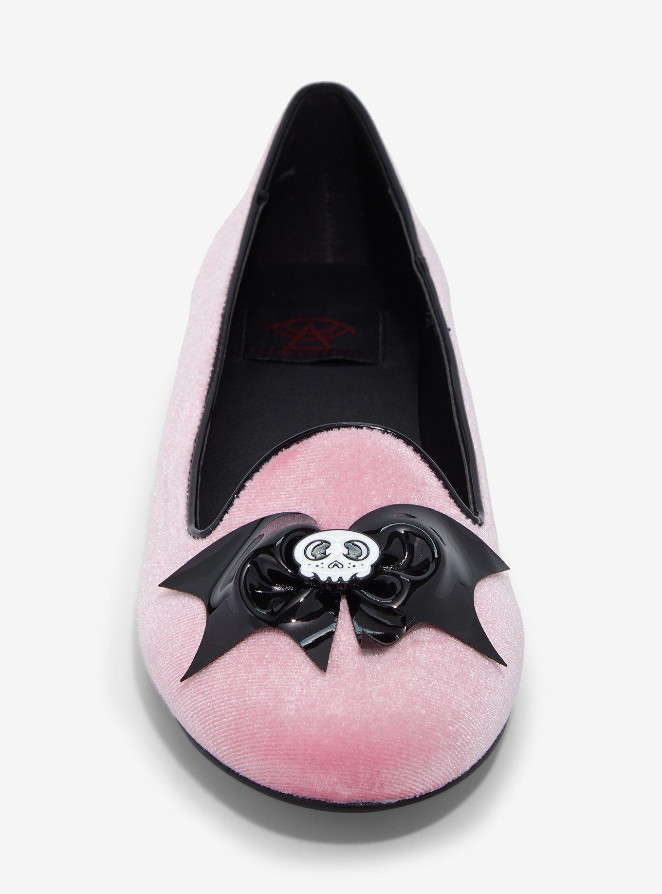 Strange Cvlt Skull Bow Pink Velvet Flats