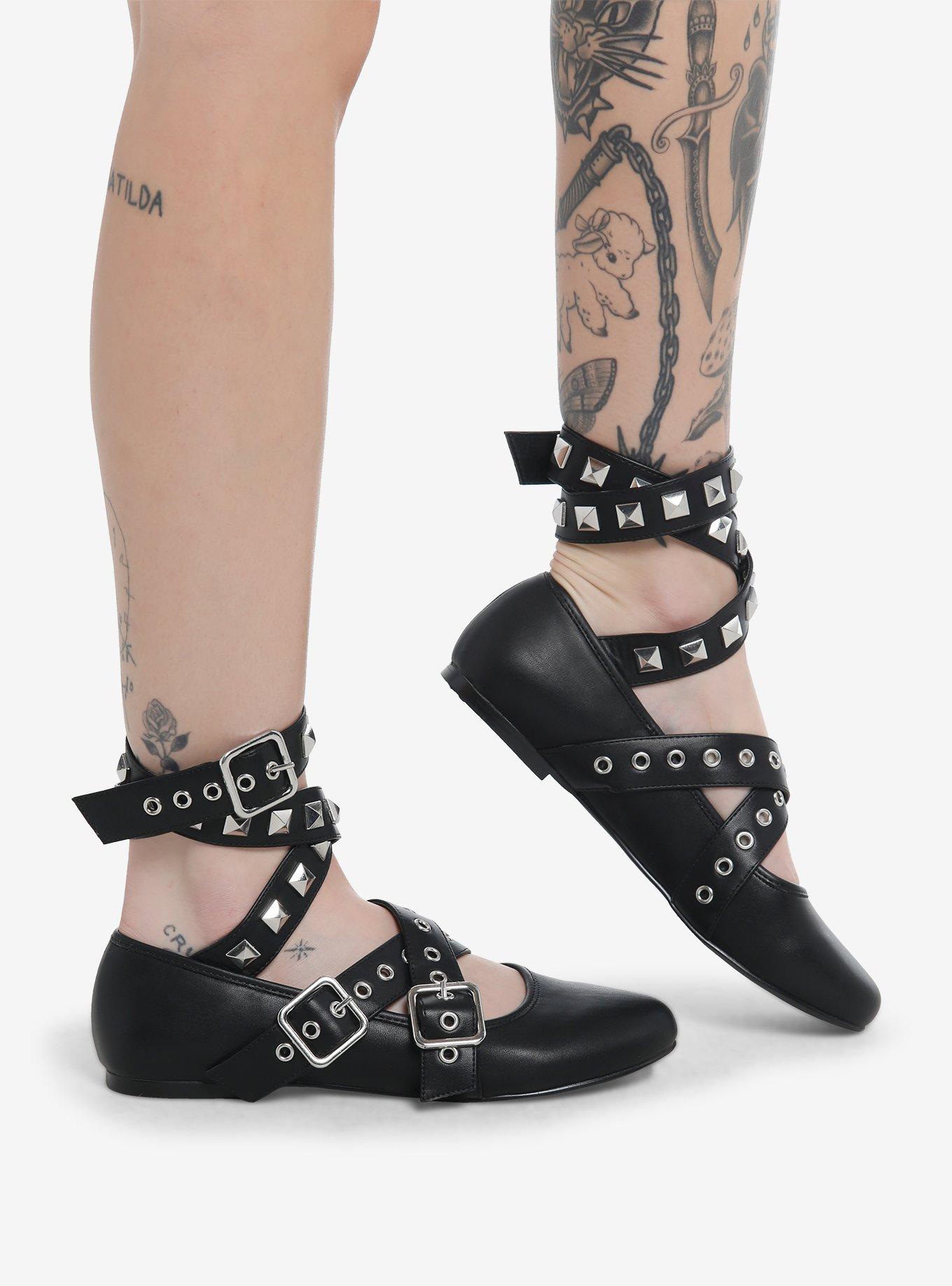 Strange Cvlt Black Stud Strappy Ballet Flats, , hi-res