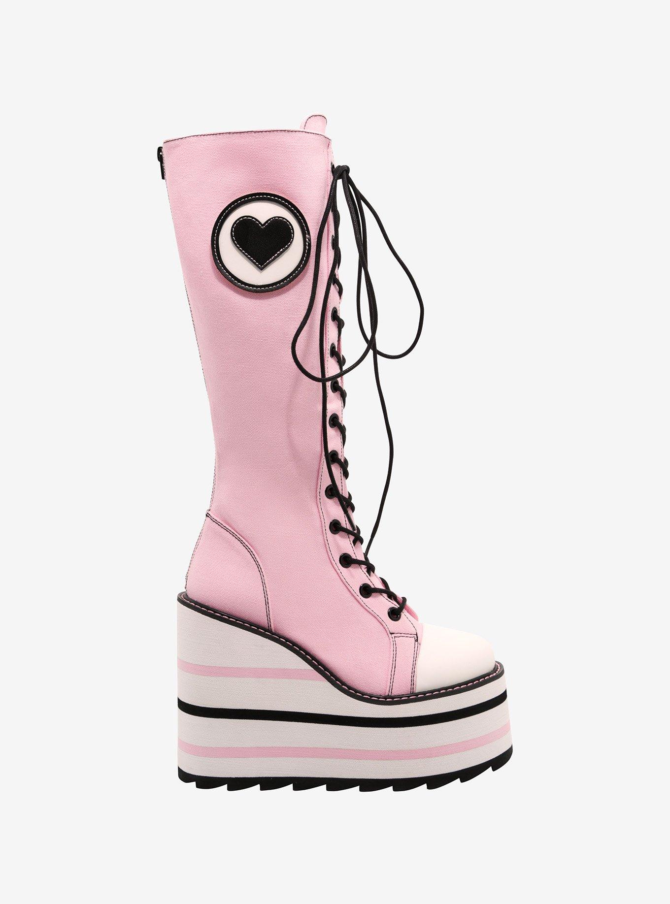 YRU Black & Pink Heart Detention Platform Boots, , hi-res